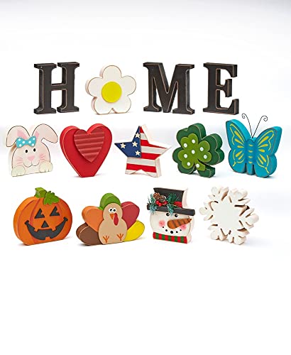 Decorative Tabletop Home Letter Sign with 13 Interchangeable Seasonal Icons – Rustic Wooden Home Decor Sign with Pumpkin, Snowman, Turkey, Bunny, Heart, and More – Perfect for Year-Round Decoration