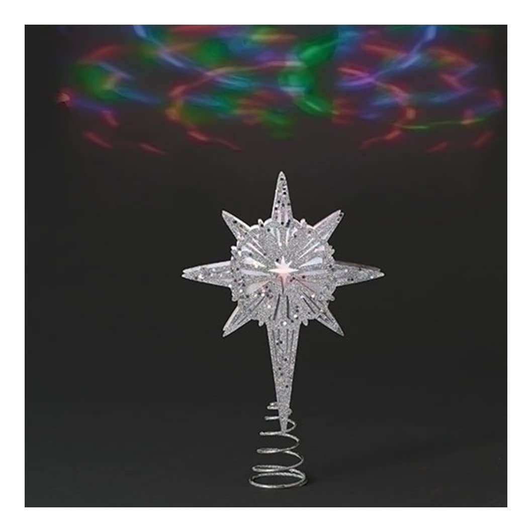 Roman White Projected Lighted Silver Star Tree Topper, 13-inch Height, Seasonal Lighting Decoration