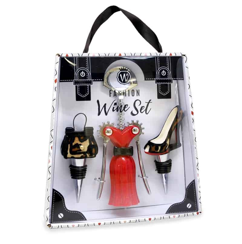 WILD EYE DESIGNS FASHION WINE SET 3PCS. WINGED CORKSCREW, HIGH HEEL WINE STOPPER, PURSE WINE STOPPER. FASHION WINE GIFT SET. LEOPARD…