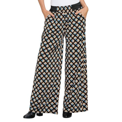 Versatile Dress Up Or Down Ladies Fashion Palazzo Pants - One Size Fits Most (Fits Sizes 2 to 16) Design Blue and Beige 4 Leaf Clover