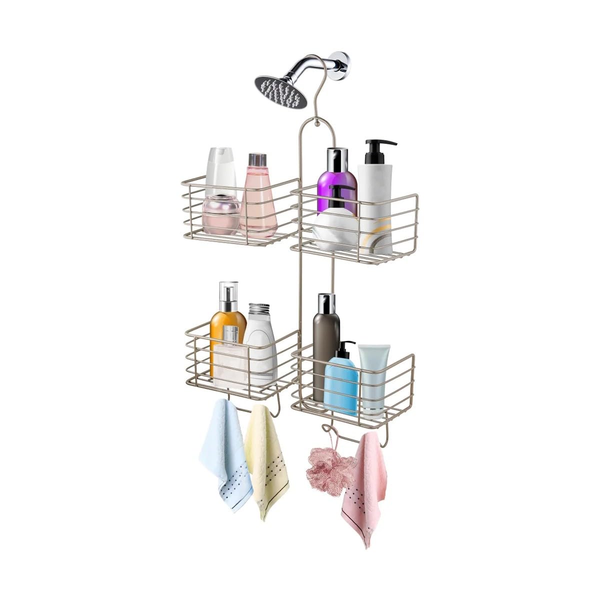 ILLIYIN 21.25" Satin Nickel Finish 4 Tier Hose Round Shower Caddy Organizer