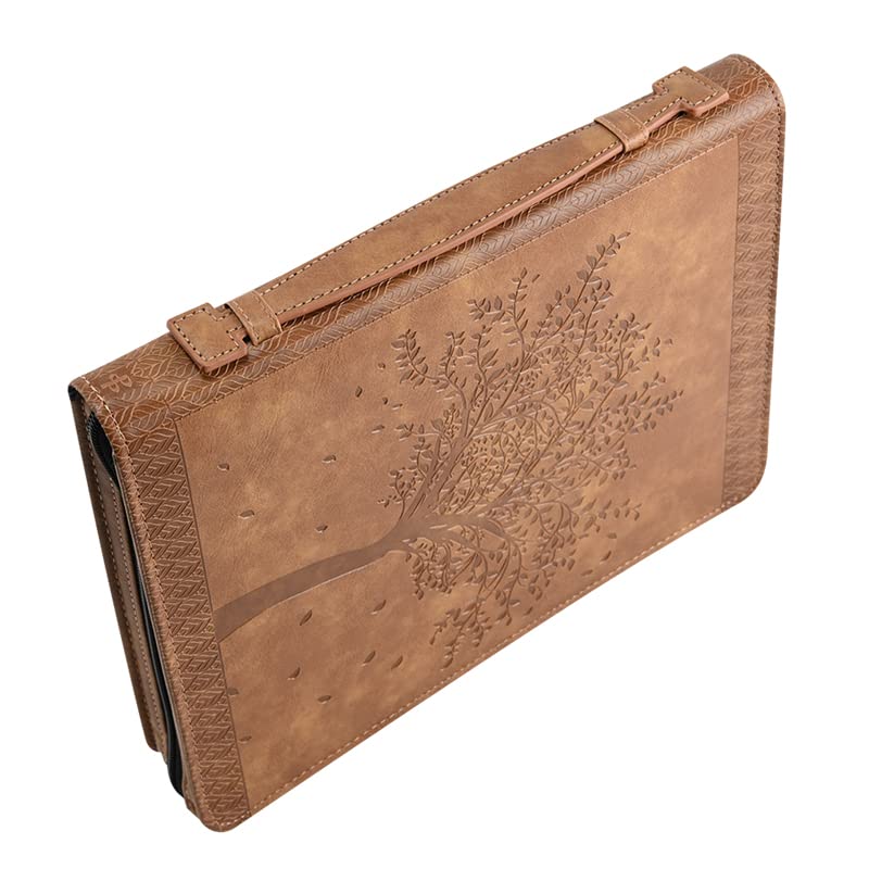 ‘Angel Treasures’ Bible Cover with Engraved Tree of Life Design| Genuine Faux PU Leather Book Protector Case with Handle, Zipper, Pockets & Pen Slots