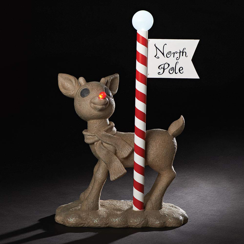 Roman Lights Rudolph The Red-Nosed Reindeer with North Pole Sign Statue, LED/Solar Powered, 24" Tall, Decoration, Outdoor Use, Polyresin Construction