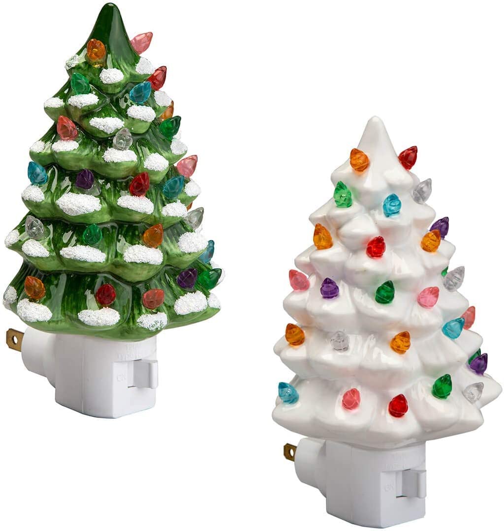 Holiday Decor Ceramic Christmas Tree Night Light with Snow - Green