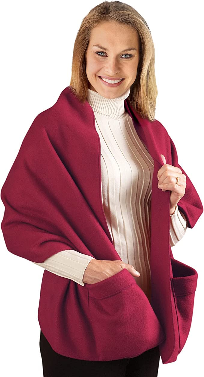 Warm and Cozy Fleece Wrap Shawl with Large Front Pockets - Burgundy