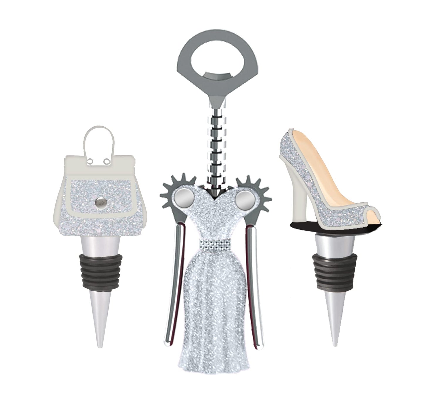 WILD EYE DESIGNS FASHION WINE SET 3PCS. WINGED CORKSCREW, HIGH HEEL WINE STOPPER, PURSE WINE STOPPER. FASHION WINE GIFT SET. WHITE AND SILVER, GLITTER