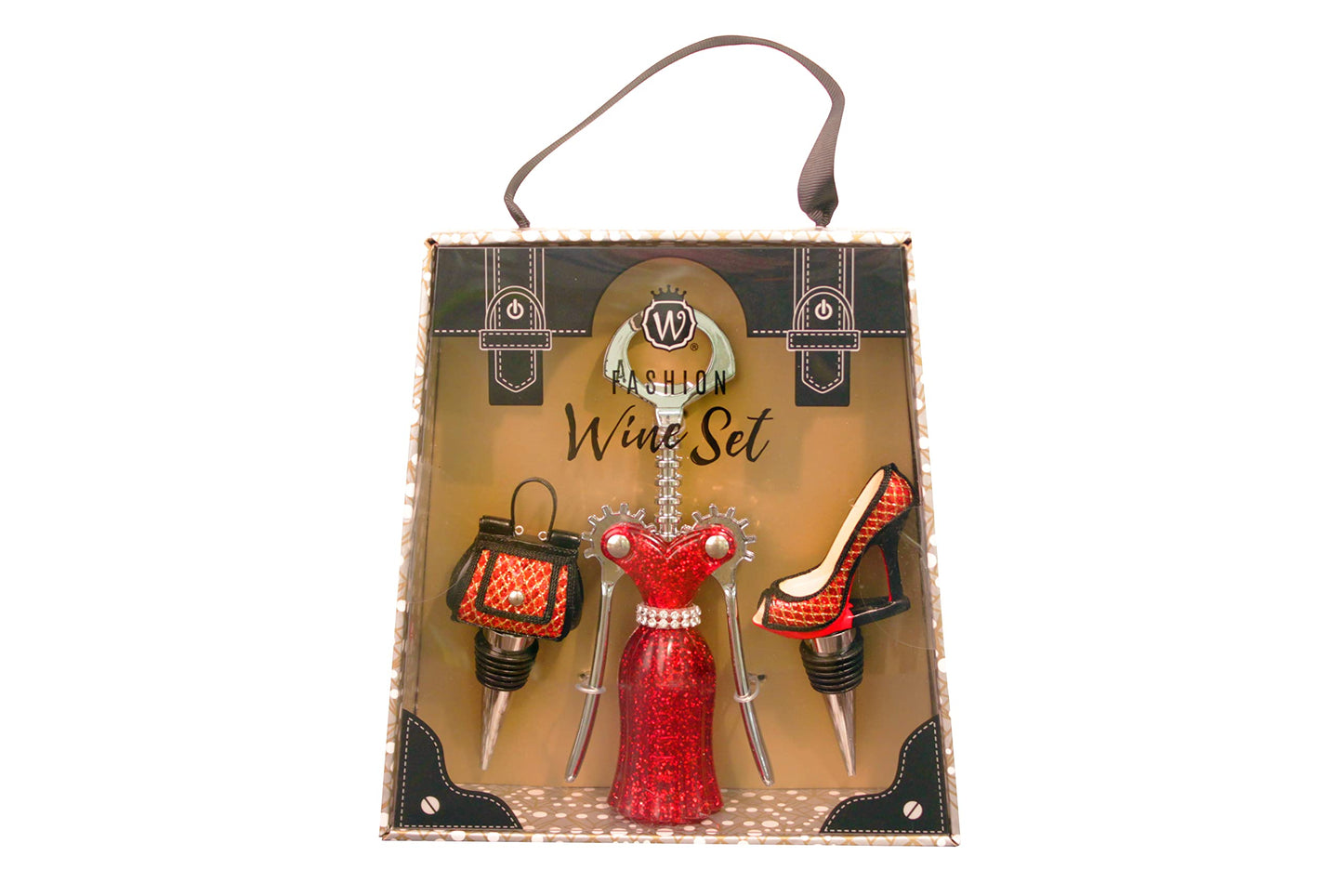 WILD EYE DESIGNS FASHION WINE SET 3PCS. WINGED CORKSCREW, HIGH HEEL WINE STOPPER, PURSE WINE STOPPER. FASHION WINE GIFT SET. RED AND GOLD…