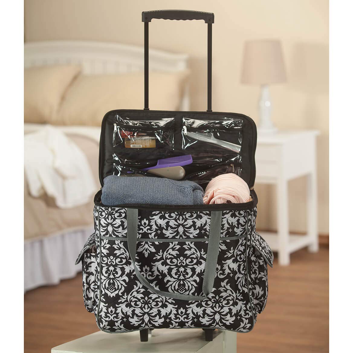 Sewing Accessories Rolling Sewing Machine Tote with 6 Storage Pockets - Damask,LARGE