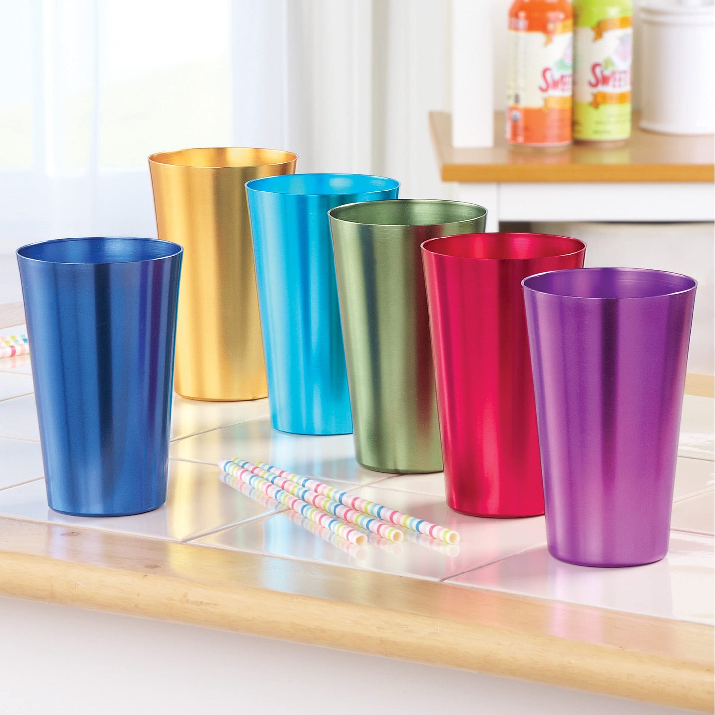 Collections Etc Colorful Retro Style Aluminum Rainbow Tumblers - Set of 6 - Great for Parties or Everyday Use - Vibrant Jewel Tones - Holds 12 oz. - 3.25" Dia x 5.25"H