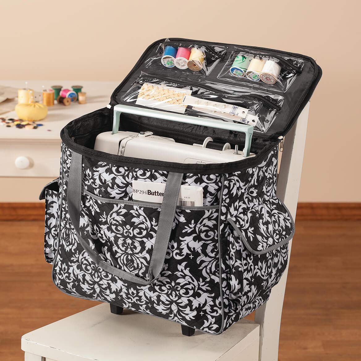 Sewing Accessories Rolling Sewing Machine Tote with 6 Storage Pockets - Damask,LARGE