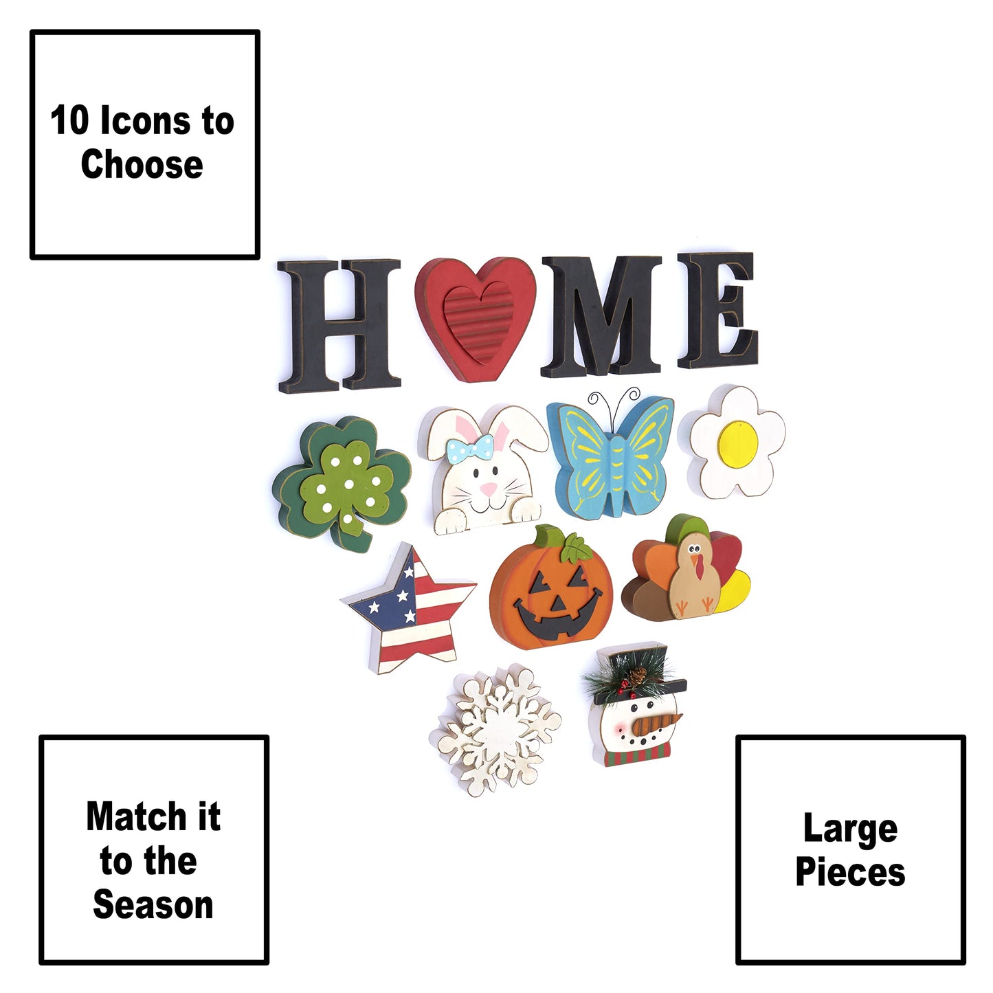 Decorative Tabletop Home Letter Sign with 13 Interchangeable Seasonal Icons – Rustic Wooden Home Decor Sign with Pumpkin, Snowman, Turkey, Bunny, Heart, and More – Perfect for Year-Round Decoration