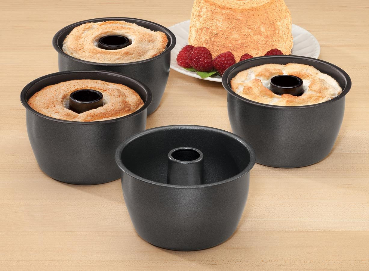 4.25" Mini Angel Food Cake Pans, Set of 4 - Nonstick Round Bakeware for Easy Release, Perfect for Individual Cakes, Cupcakes, and Desserts