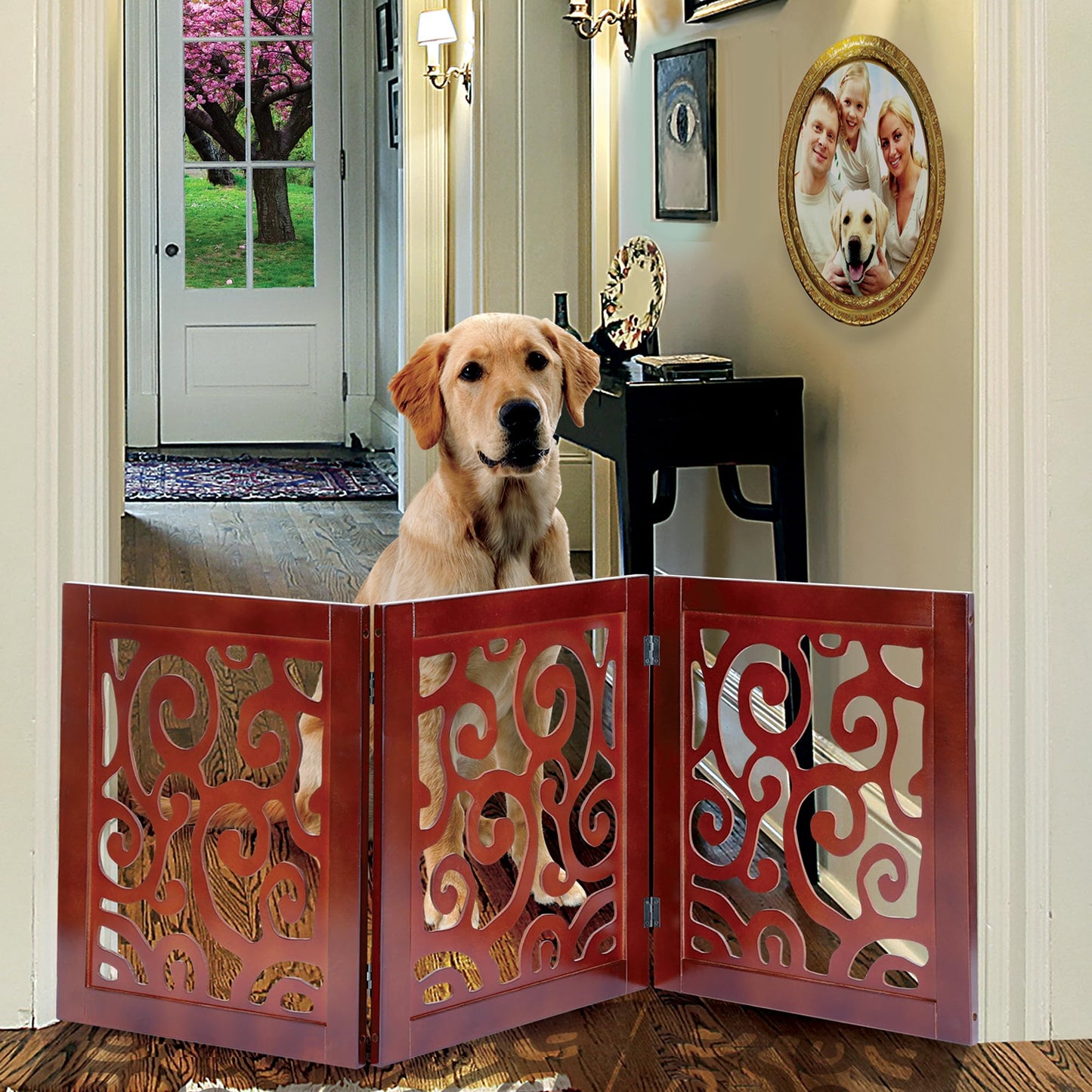 3-Section Adjustable and Scrolled Wooden Pet Gate by Etna