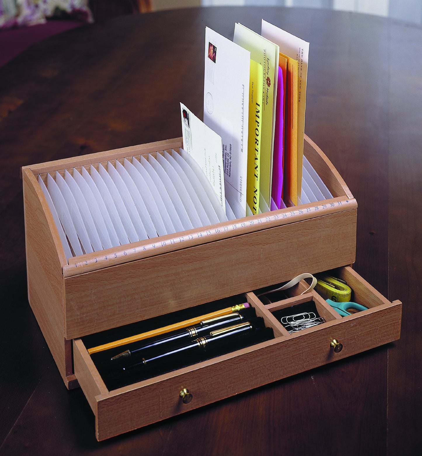 Natural Wood Space Saver Letter and Bill Organizer with Compartments Drawer and 31 Slots