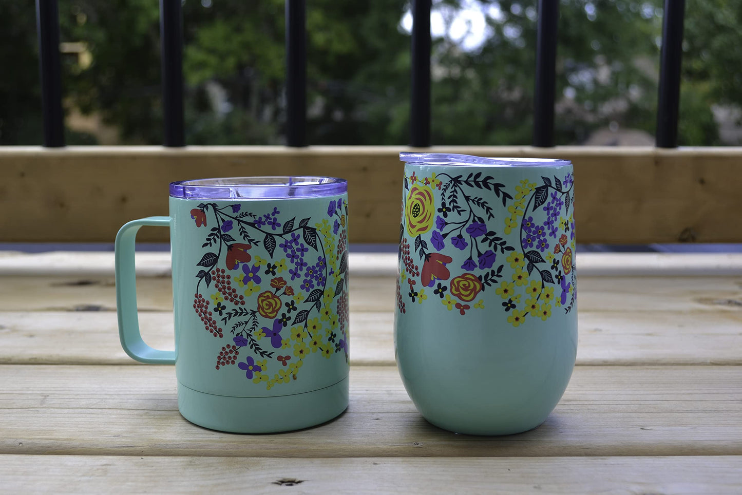 Wild Eye Designs Iceware Double Wall Vacuum Insulated Stainless Steel Travel Mug and Wine Tumbler Set 14. fl.oz Mint Floral