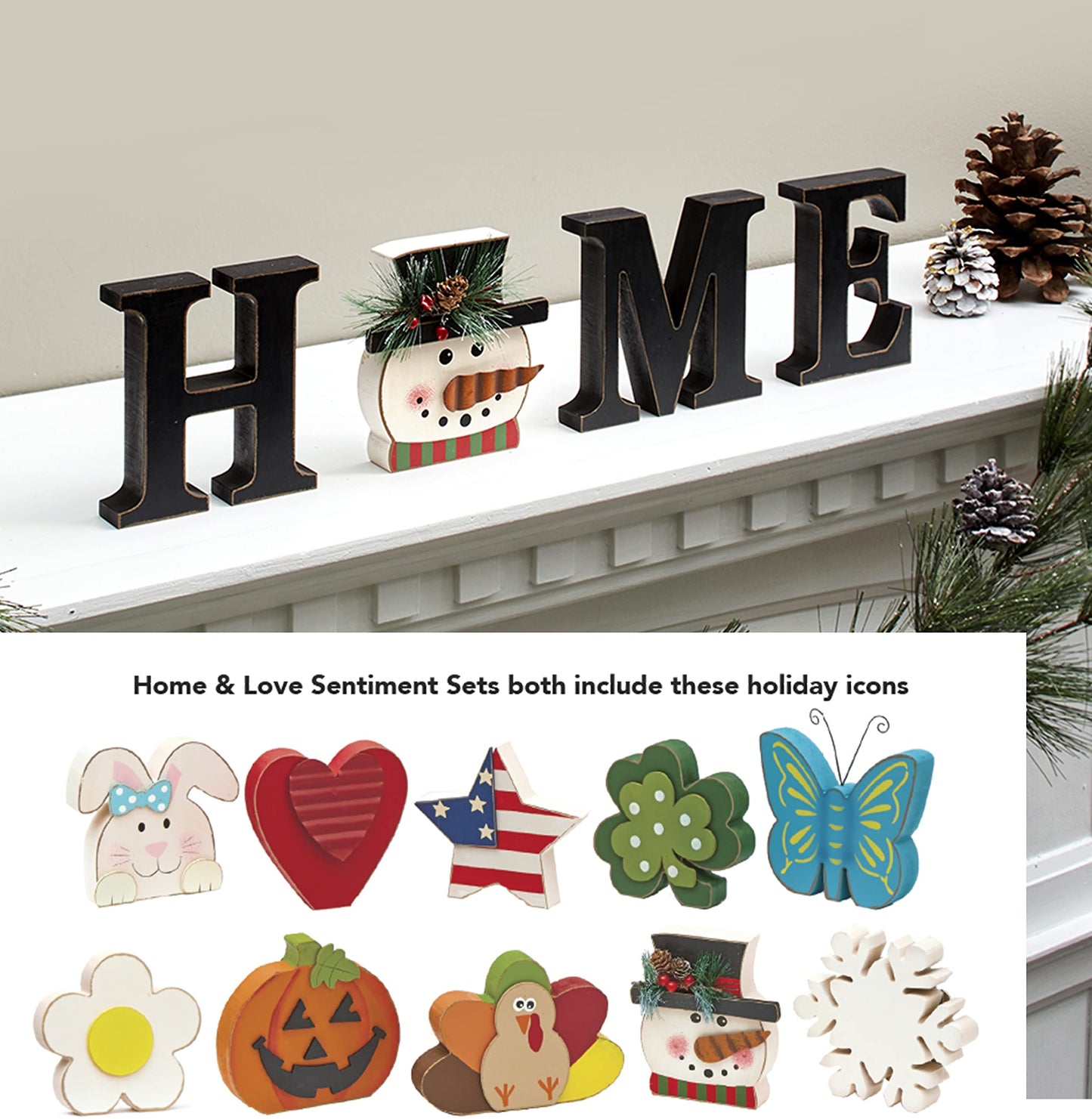 Decorative Tabletop Home Letter Sign with 13 Interchangeable Seasonal Icons – Rustic Wooden Home Decor Sign with Pumpkin, Snowman, Turkey, Bunny, Heart, and More – Perfect for Year-Round Decoration