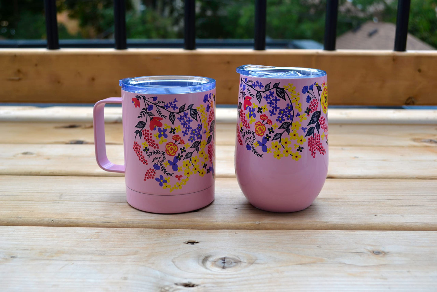 Wild Eye Designs Iceware Double Wall Vacuum Insulated Stainless Steel Travel Mug and Wine Tumbler Set 14 fl. oz Pink Floral