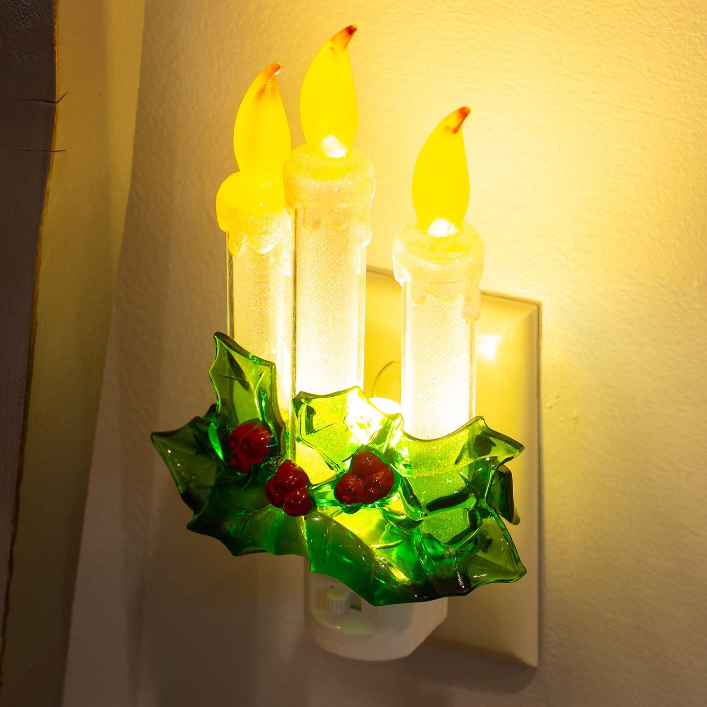 Three Dipped Candles With Holly 7.75 Inch Acrylic Decorative Swivel Plug Flickering Night Light