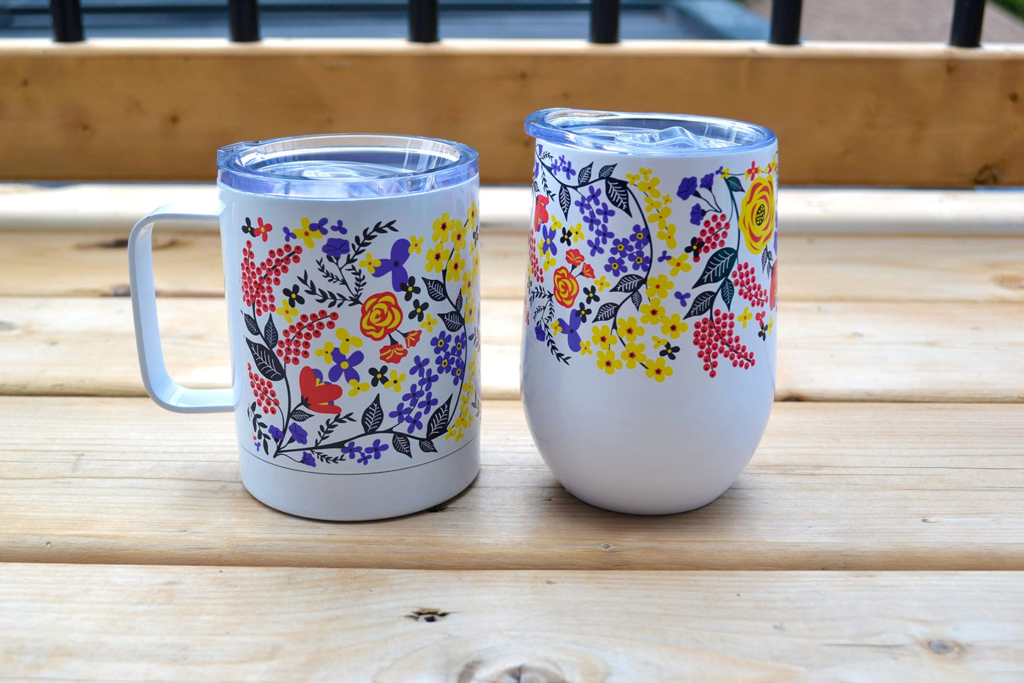 Wild Eye Designs Iceware 14 fl oz Insulated Double Wall Stainless Steel White Floral Travel Mug and Wine Tumbler Set