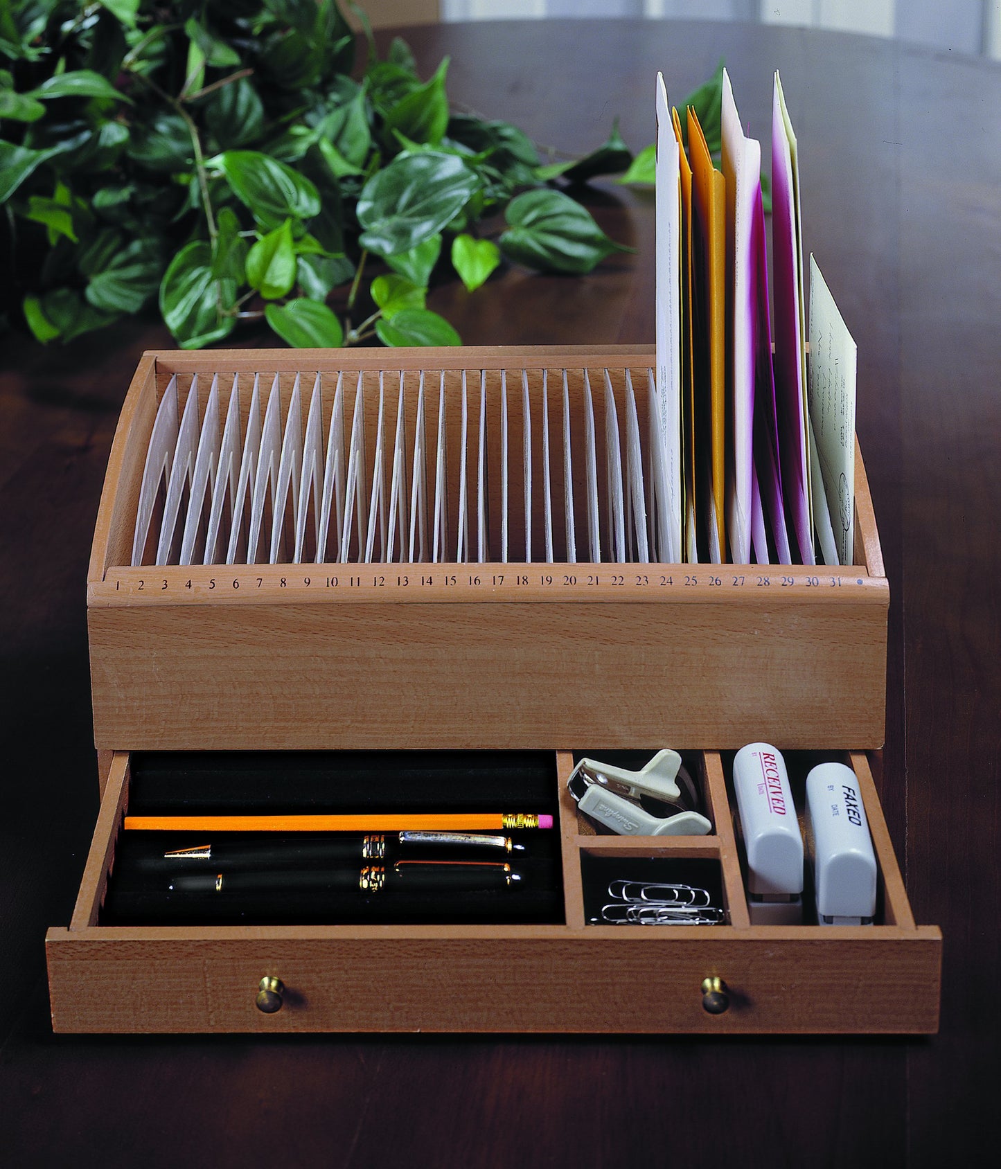 Natural Wood Space Saver Letter and Bill Organizer with Compartments Drawer and 31 Slots