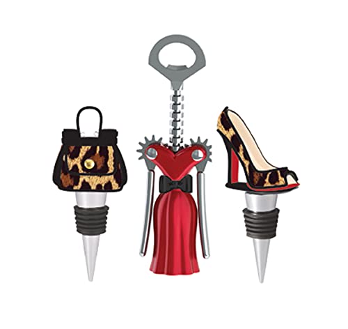 WILD EYE DESIGNS FASHION WINE SET 3PCS. WINGED CORKSCREW, HIGH HEEL WINE STOPPER, PURSE WINE STOPPER. FASHION WINE GIFT SET. LEOPARD…