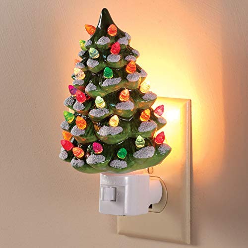 Holiday Decor Ceramic Christmas Tree Night Light with Snow - Set of 2 - Green