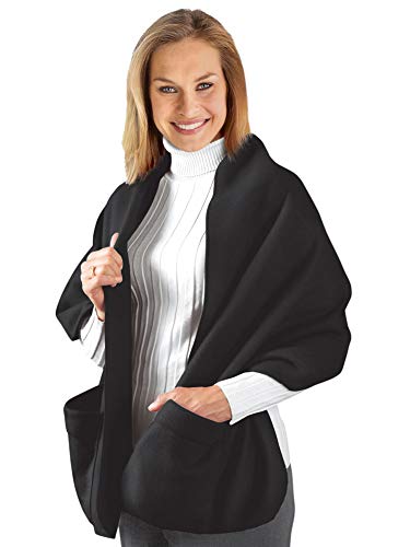 Collections Etc Cozy Fleece Wrap Shawl with Large Front Pockets - Keeps Hands and Shoulders Warm During Cold Winter Season