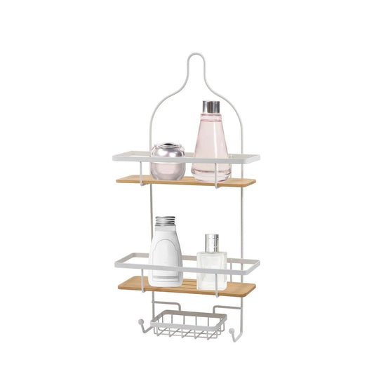 ILLIYIN 22.8" 3 Tier Matte White And Bamboo Base Shower Bath Caddy