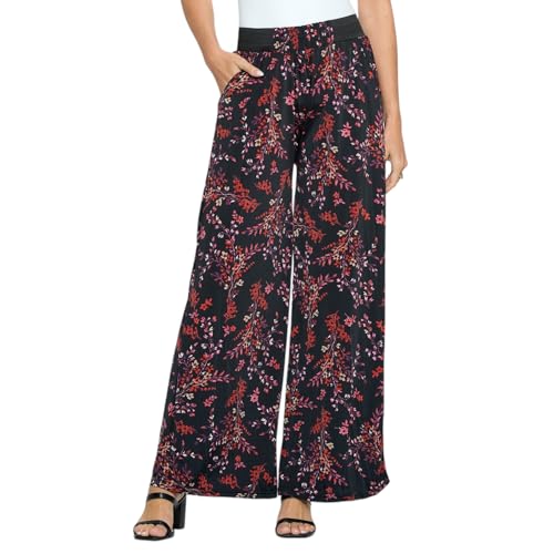 Versatile Dress Up Or Down Ladies Fashion Palazzo Pants - One Size Fits Most (Fits Sizes 2 to 16) Design Autumn Leaf Print Multicolor