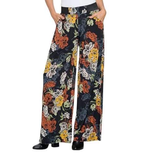 Versatile Dress Up Or Down Ladies Fashion Palazzo Pants - One Size Fits Most (Fits Sizes 2 to 16) Design Floral Print Multicolor