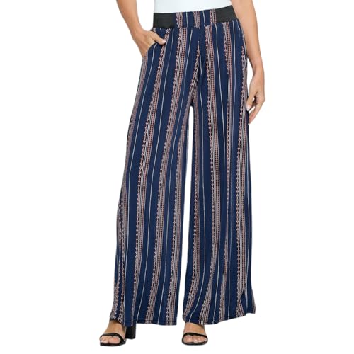 Versatile Dress Up Or Down Ladies Fashion Palazzo Pants - One Size Fits Most (Fits Sizes 2 to 16) Design Blue Pinstripe Link Print