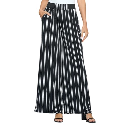 Versatile Dress Up Or Down Ladies Fashion Palazzo Pants - One Size Fits Most (Fits Sizes 2 to 16) Design Classic Black and White Stripe Print
