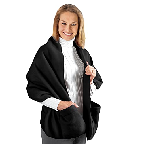 Collections Etc Cozy Fleece Wrap Shawl with Large Front Pockets - Keeps Hands and Shoulders Warm During Cold Winter Season