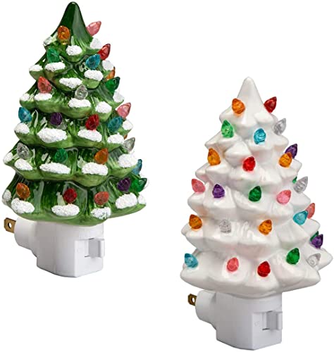 Holiday Decor Green and White Ceramic Christmas Tree Night Light - Set of 2