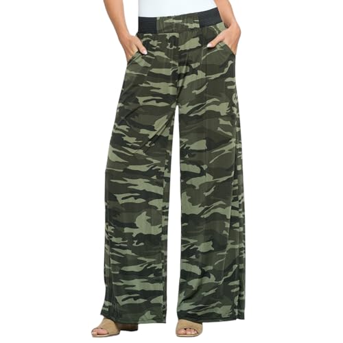 Versatile Dress Up Or Down Ladies Fashion Palazzo Pants - One Size Fits Most (Fits Sizes 2 to 16) Design Camouflage Print