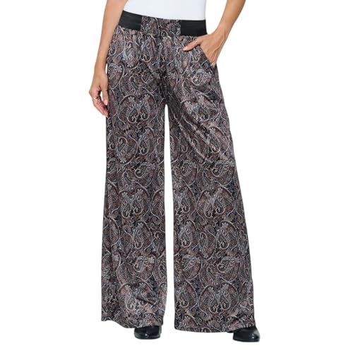 Versatile Dress Up Or Down Ladies Fashion Palazzo Pants - One Size Fits Most (Fits Sizes 2 to 16) Design Paisley Print Brown