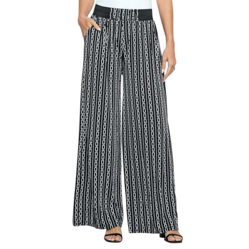 Versatile Dress Up Or Down Ladies Fashion Palazzo Pants - One Size Fits Most (Fits Sizes 2 to 16) Design Black and White Chain Link Design