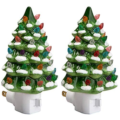 Holiday Decor Ceramic Christmas Tree Night Light with Snow - Set of 2 - Green