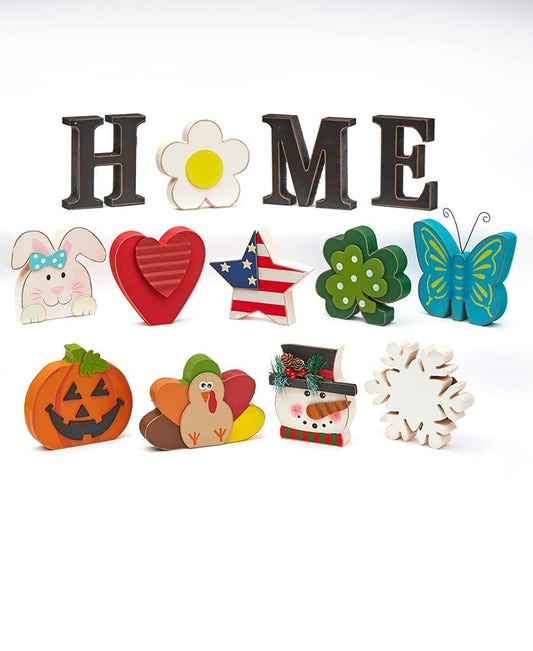 Decorative Tabletop Home Letter Sign with 13 Interchangeable Seasonal Icons – Rustic Wooden Home Decor Sign with Pumpkin, Snowman, Turkey, Bunny, Heart, and More – Perfect for Year-Round Decoration