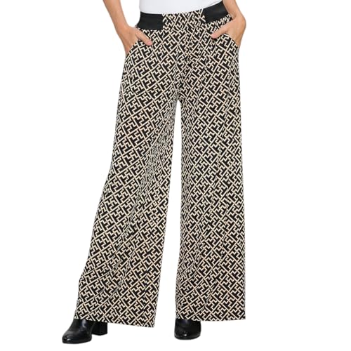 Versatile Dress Up Or Down Ladies Fashion Palazzo Pants - One Size Fits Most (Fits Sizes 2 to 16) Design Labyrinth Black and Tan Print