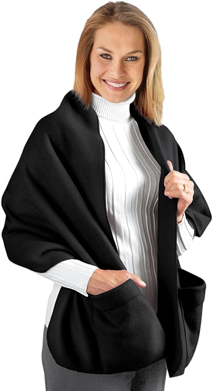 Warm and Cozy Fleece Wrap Shawl with Large Front Pockets - Black