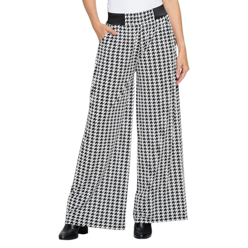 Versatile Dress Up Or Down Ladies Fashion Palazzo Pants - One Size Fits Most (Fits Sizes 2 to 16) Design Black and White Houndstooth Print
