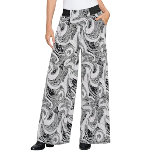 Versatile Dress Up Or Down Ladies Fashion Palazzo Pants - One Size Fits Most (Fits Sizes 2 to 16) Design Black and White Spiral Print