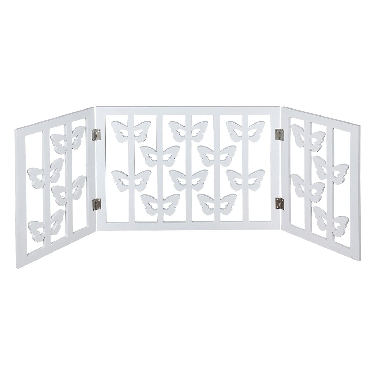 Wood Heart Indoor/Outdoor Solid Wood Butterfly Design Freestanding Foldable Adjustable 3-Section Pet Gate, White