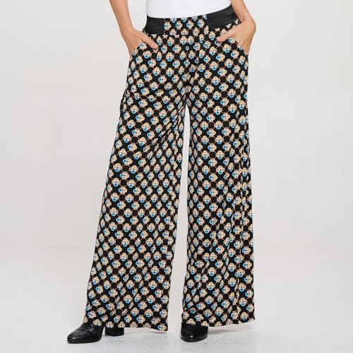 Versatile Dress Up Or Down Ladies Fashion Palazzo Pants - One Size Fits Most (Fits Sizes 2 to 16) Design Blue and Beige 4 Leaf Clover
