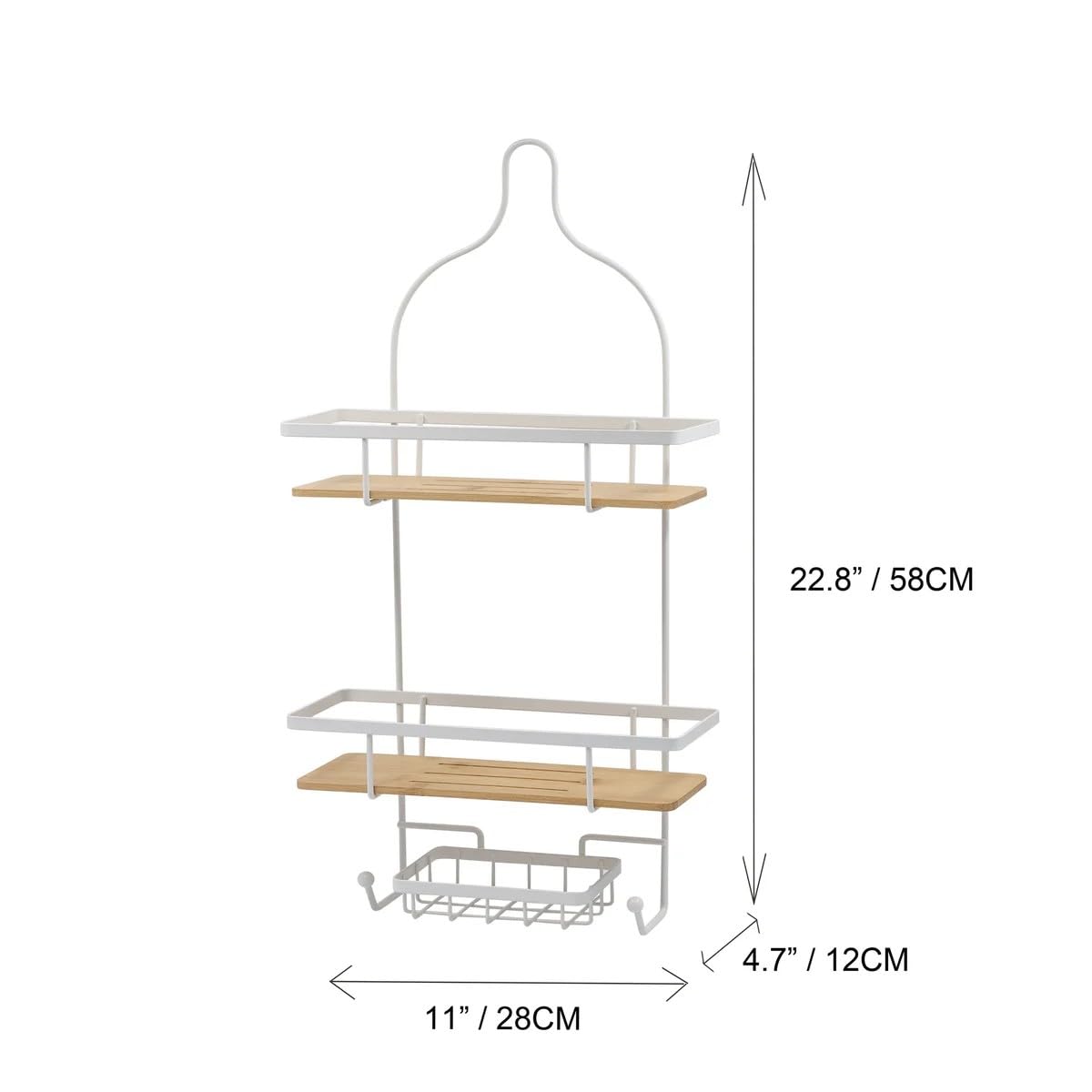 ILLIYIN 22.8" 3 Tier Matte White And Bamboo Base Shower Bath Caddy