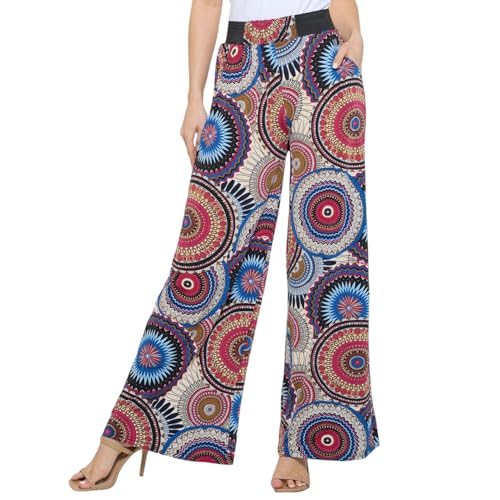 Versatile Dress Up Or Down Ladies Fashion Palazzo Pants - One Size Fits Most (Fits Sizes 2 to 16) Design Fun Kaleidoscope Spiral Print Multicolor