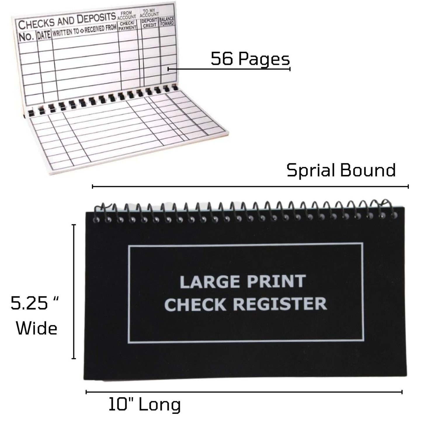 Jumbo Print Check Register Book - Large Print, Easy-to-Read, Spiral Bound, 56 Pages for Personal Accounting, Easy Transaction Reference, 10"L x 5¼"W