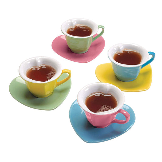 (Set of 4) Heart Shaped Cups And Saucers: Multi-Colored 5 oz. Ceramic