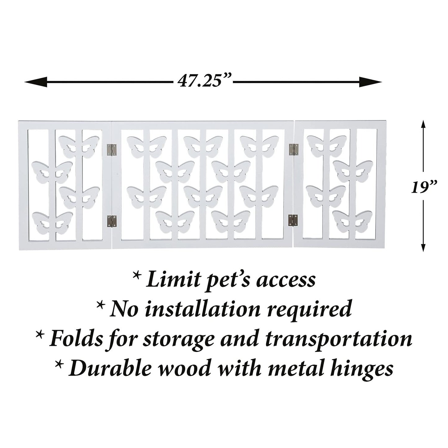 Wood Heart Indoor/Outdoor Solid Wood Butterfly Design Freestanding Foldable Adjustable 3-Section Pet Gate, White